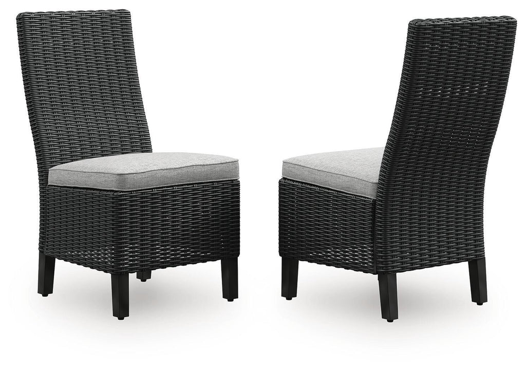 Set of 2 black woven side chairs with light gray seat cushions and square legs