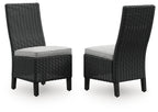 Set of 2 black woven side chairs with light gray seat cushions and square legs
