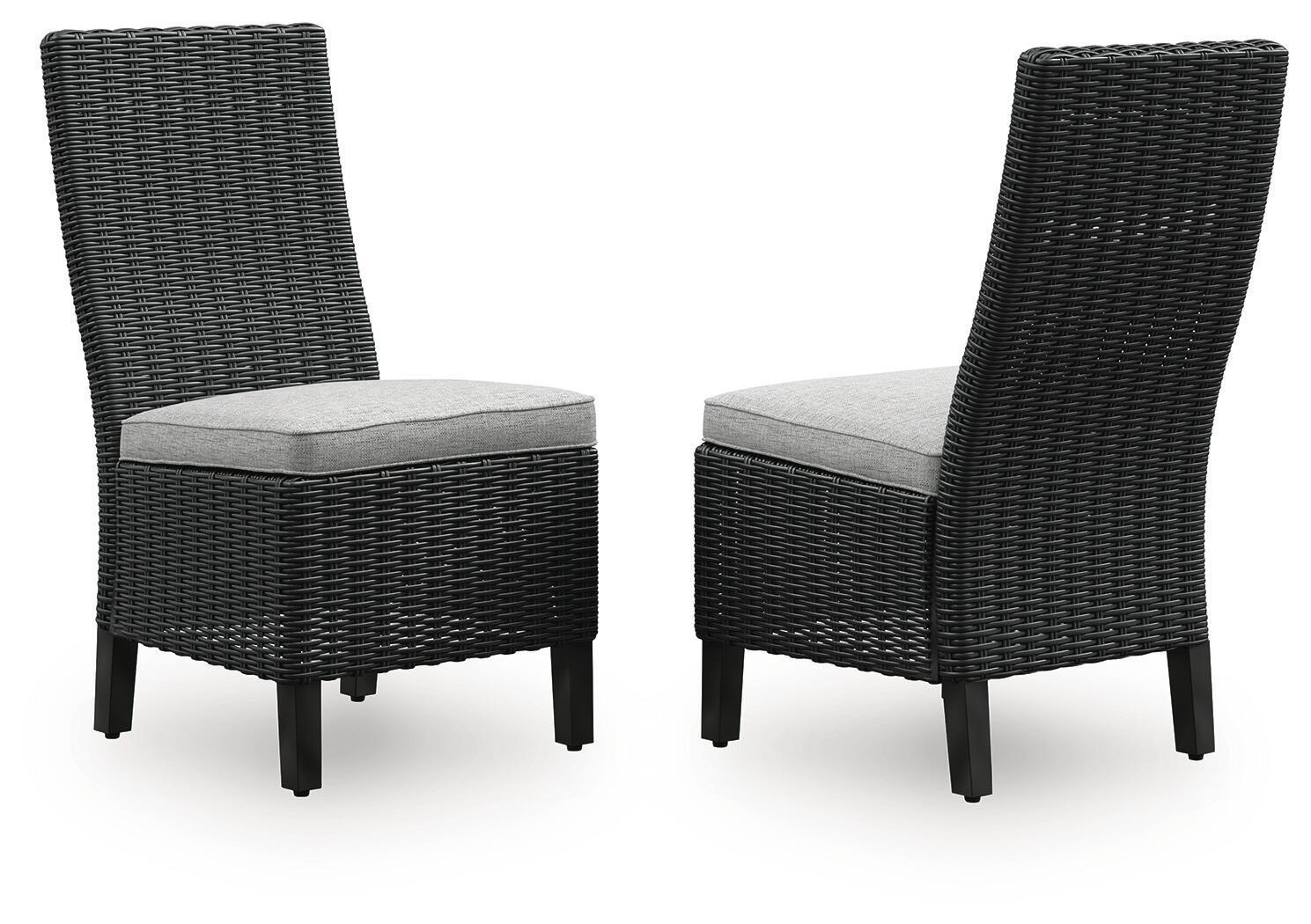 Set of 2 black woven side chairs with light gray seat cushions and square legs