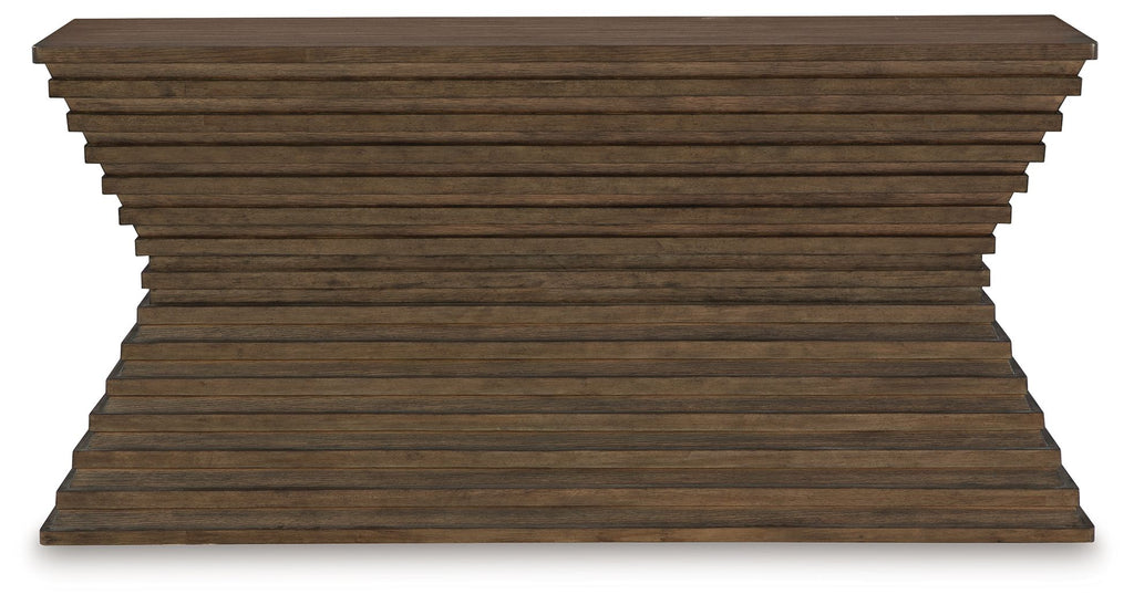 Warm brown sofa table with horizontal slat texture and flat tabletop
