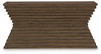 Warm brown sofa table with horizontal slat texture and flat tabletop