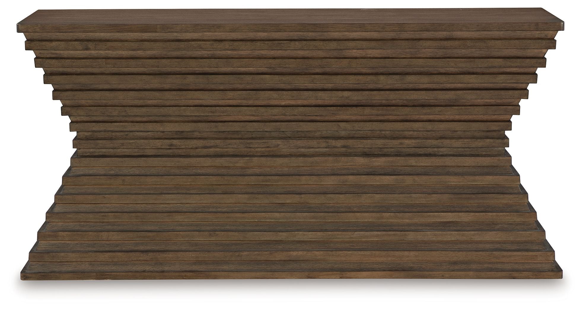 Warm brown sofa table with horizontal slat texture and flat tabletop