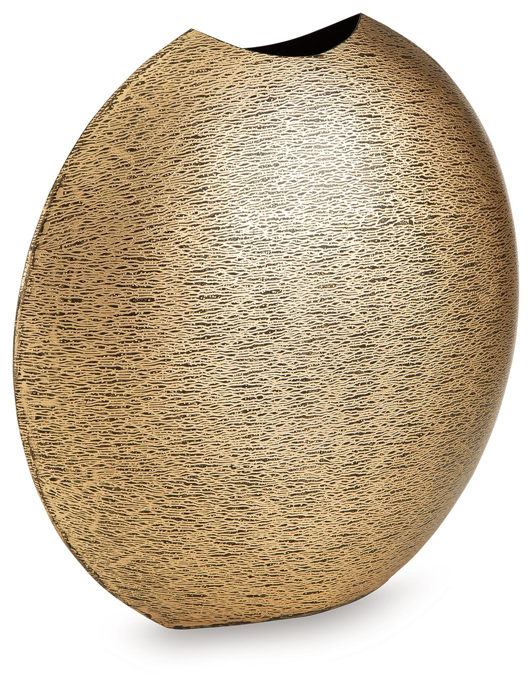Gold textured vase, rounded teardrop silhouette with dark rim opening