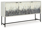 White accent cabinet with gray vertical line panel doors and black metal legs