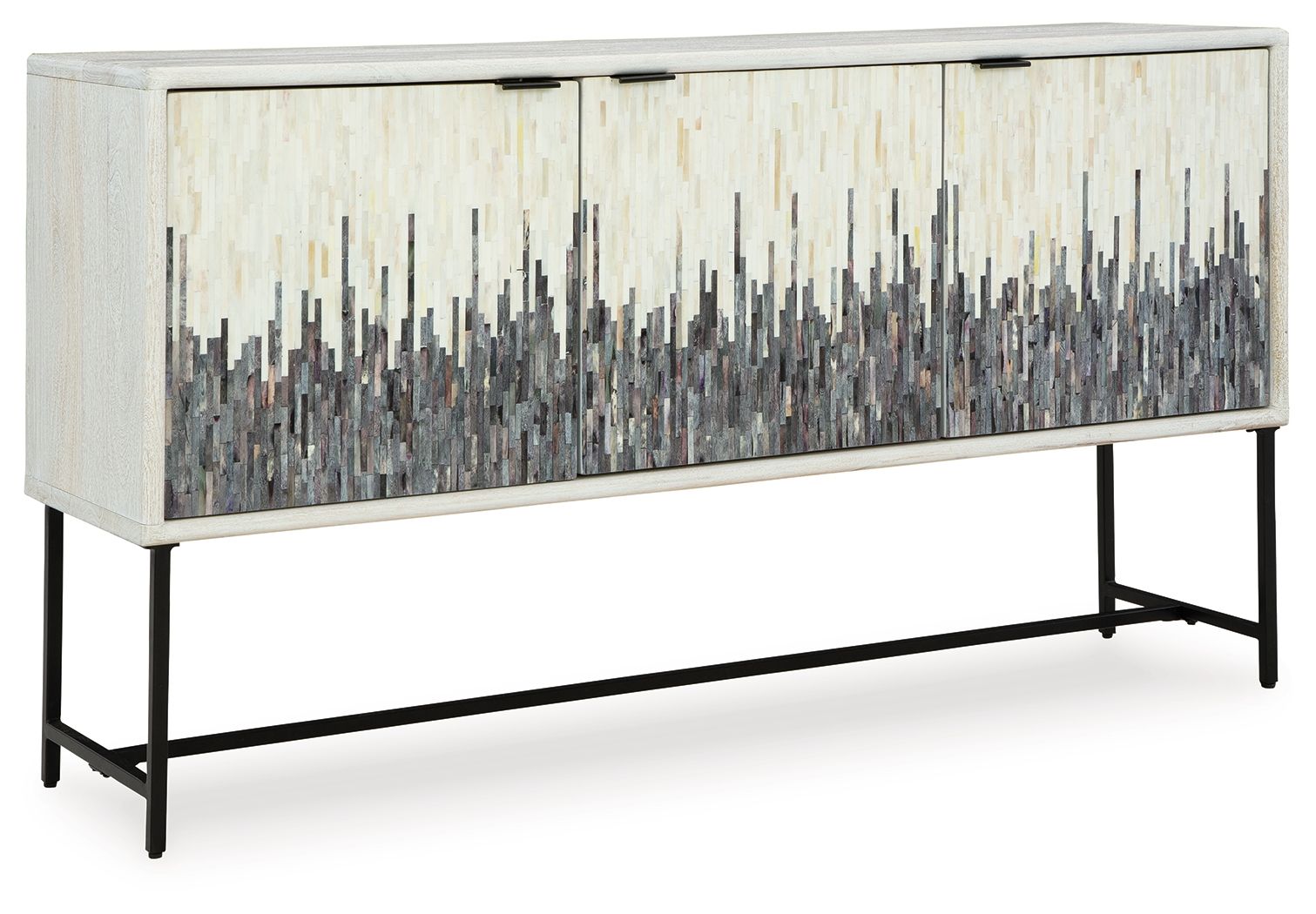 White accent cabinet with gray vertical line panel doors and black metal legs