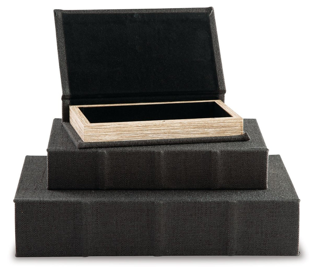 Black fabric keepsake box set with open lid and light wood inner tray