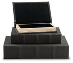 Black fabric keepsake box set with open lid and light wood inner tray