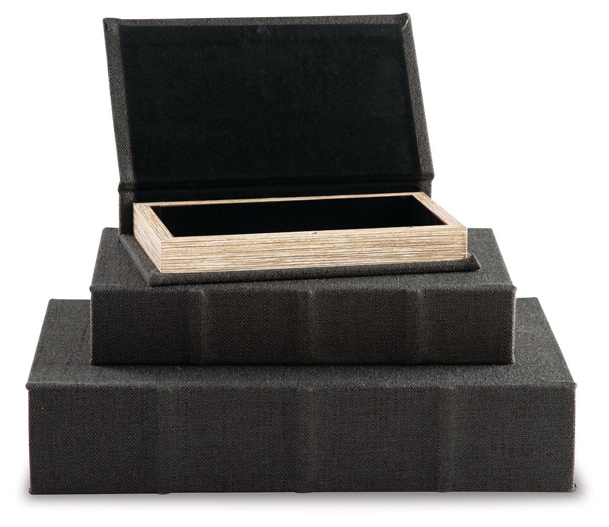 Black fabric keepsake box set with open lid and light wood inner tray