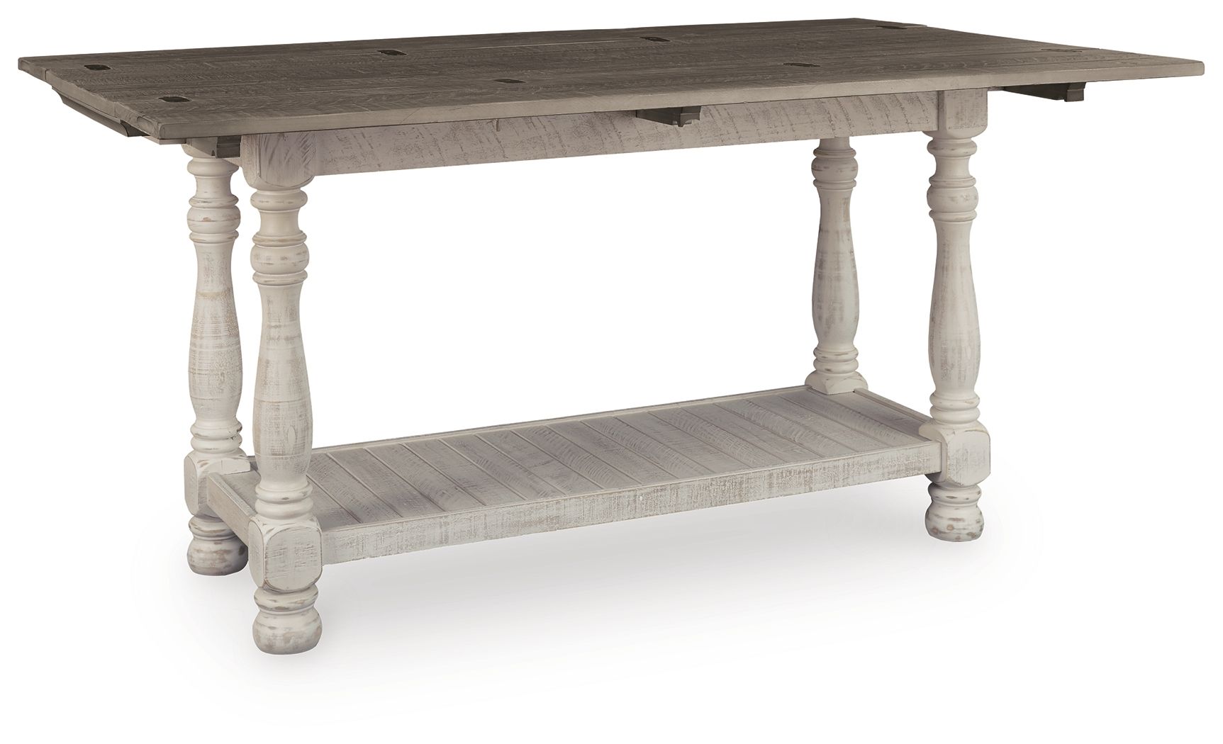 Gray flip-top sofa table with white turned legs and lower shelf, 3/4 angle