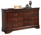 Dark reddish-brown dresser with four drawers and two cabinet doors, curved legs