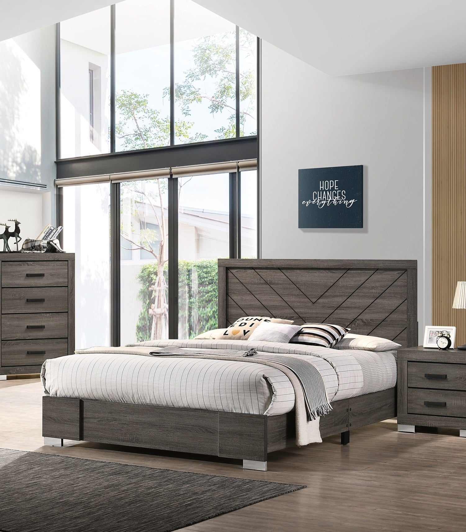 Contemporary Grey King Bed Furniture Unique Wooden Headboard