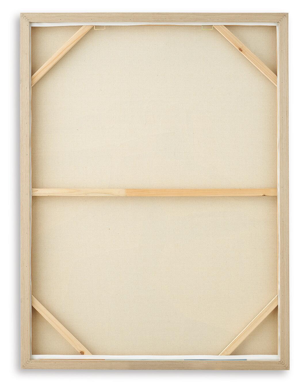 Framed wall art with blank back panel and light wood stretcher frame