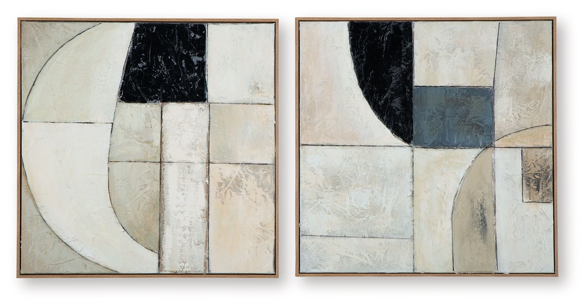 Wall art set of 2 framed abstract prints, tan and taupe with black blocks