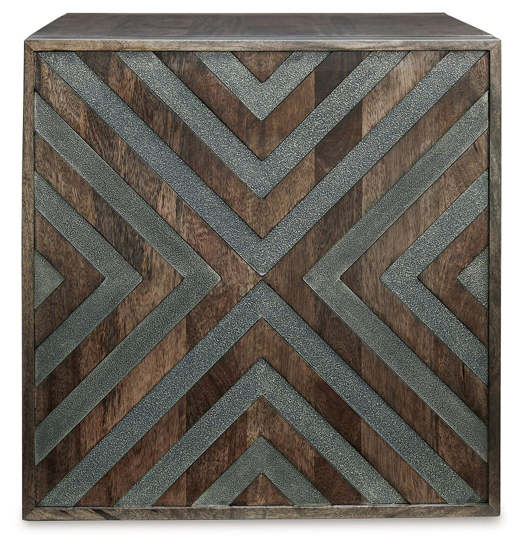 Square end table front panel with zigzag chevron inlays on rustic brown wood.