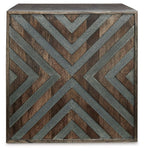 Square end table front panel with zigzag chevron inlays on rustic brown wood.