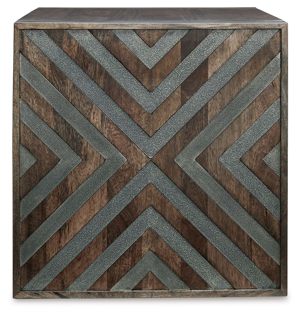 Square end table front panel with zigzag chevron inlays on rustic brown wood.