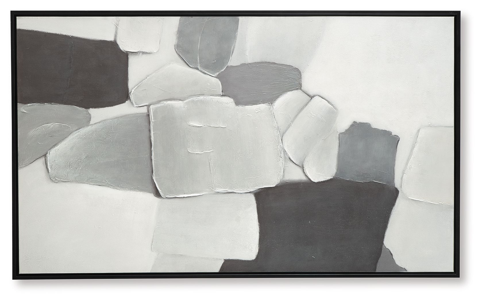 Framed abstract wall art showing layered gray blocks on white, black frame