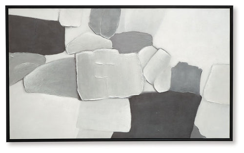Framed abstract wall art showing layered gray blocks on white, black frame