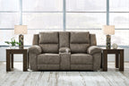 Reclining loveseat with center console, dark gray fabric, wide seating with recline arms