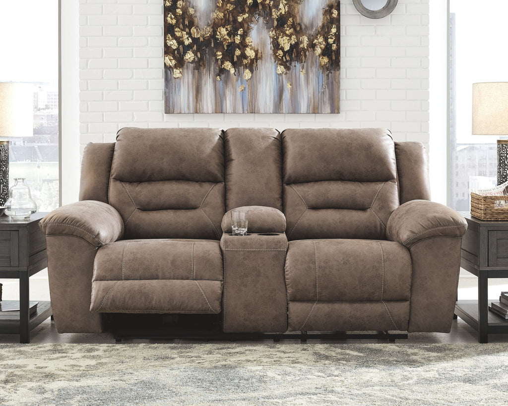 Stoneland power reclining loveseat in medium brown fabric, padded backrest and wide armrests