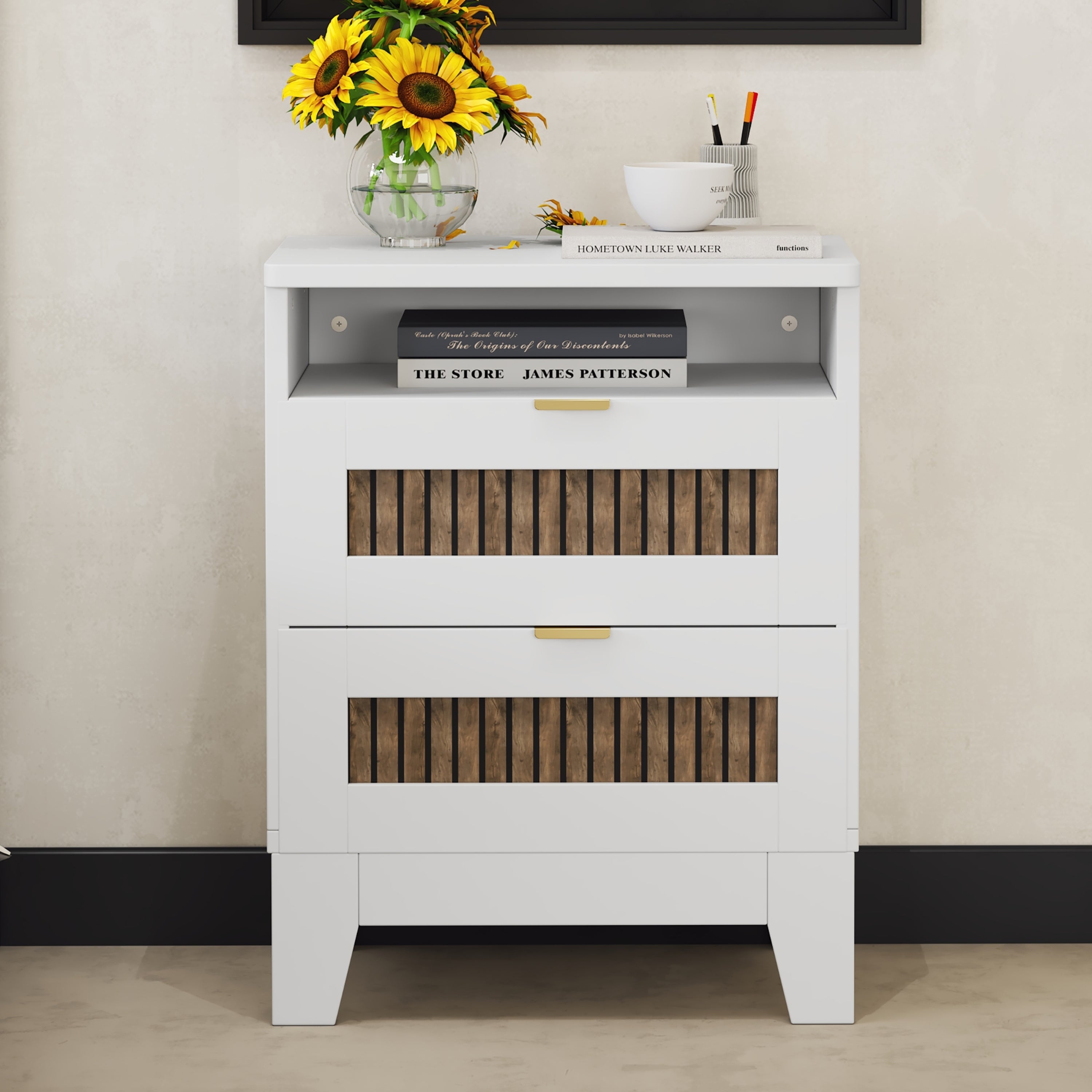 White 2-Drawer Farmhouse Nightstand - Wood Side Table Storage Bedroom