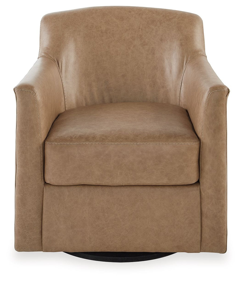 Light brown swivel accent chair with wide arms, padded back, and rounded seat