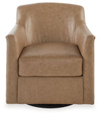 Light brown swivel accent chair with wide arms, padded back, and rounded seat