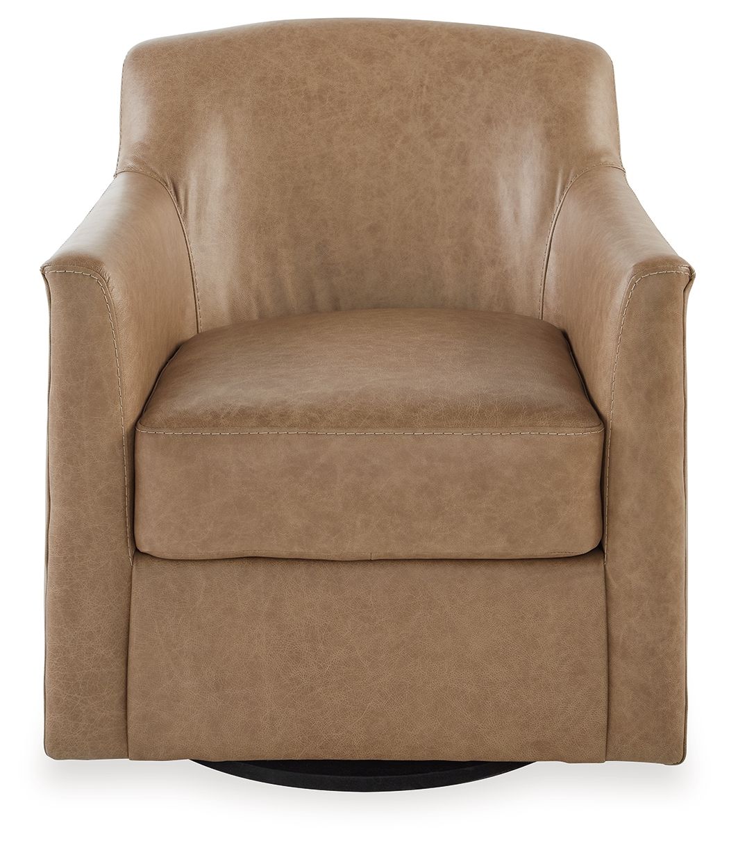 Light brown swivel accent chair with wide arms, padded back, and rounded seat