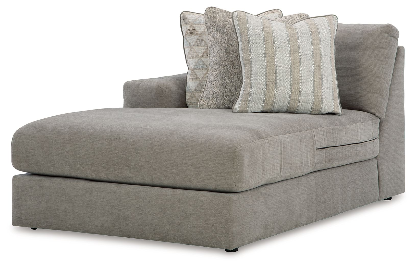 Ash gray corner chaise sofa with square arms and two striped throw pillows