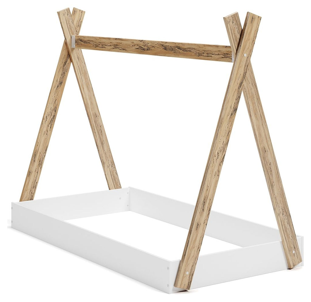 White bed frame with light wood A-frame legs and white platform base
