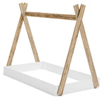 White bed frame with light wood A-frame legs and white platform base
