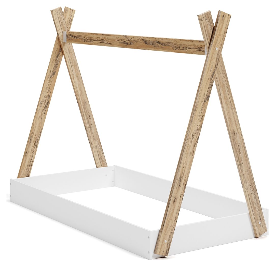 White bed frame with light wood A-frame legs and white platform base