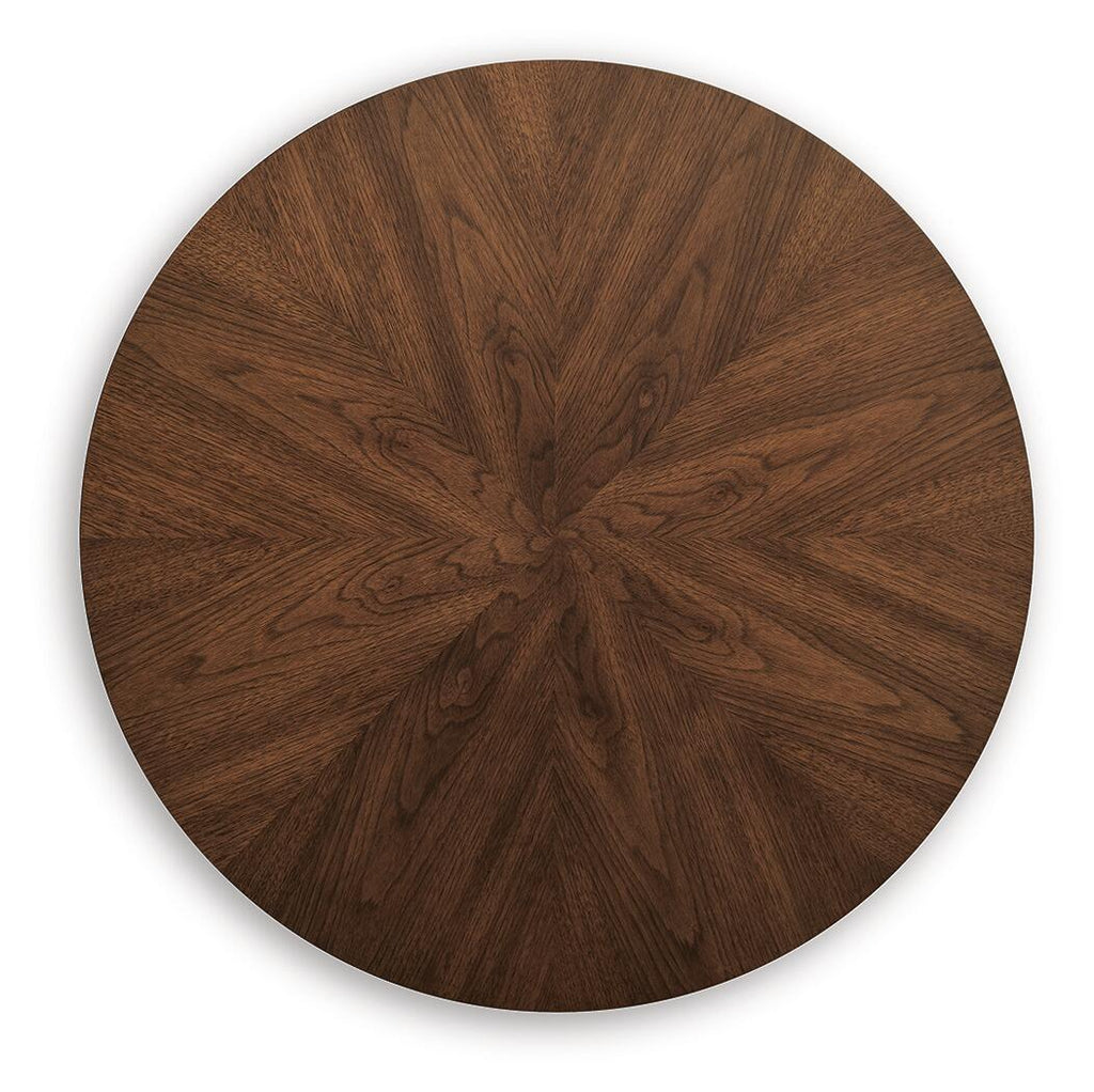 Round tabletop wood top with radial grain pattern in dark brown
