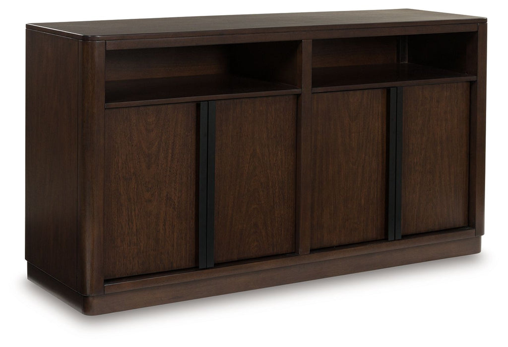 Dark brown dining room server with four cabinet doors and flat top