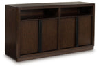 Dark brown dining room server with four cabinet doors and flat top