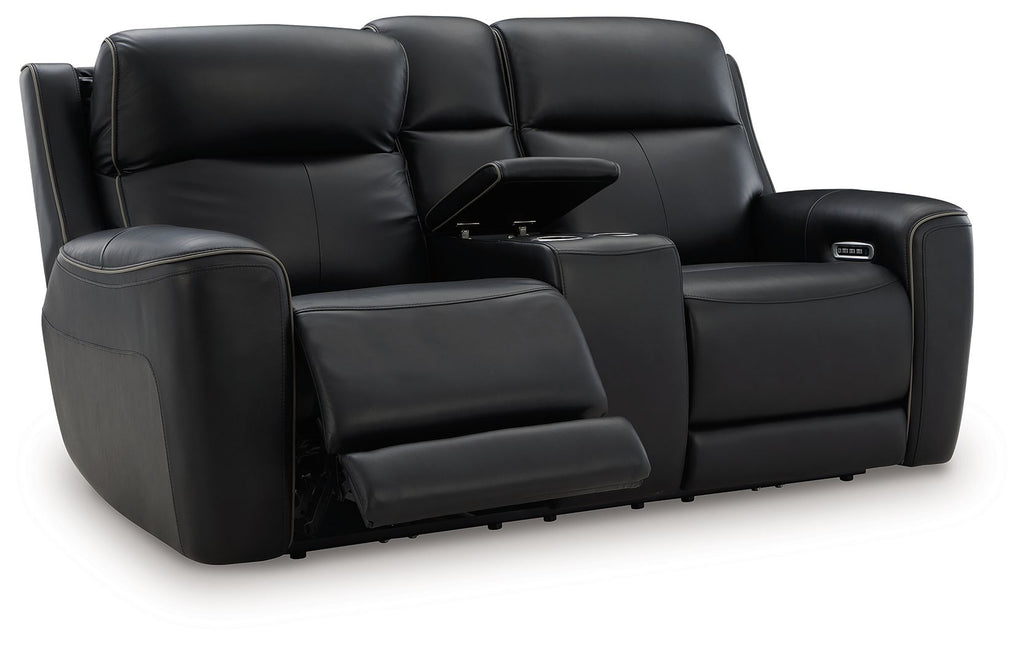 Black power reclining loveseat with console and adjustable headrest, reclined seating