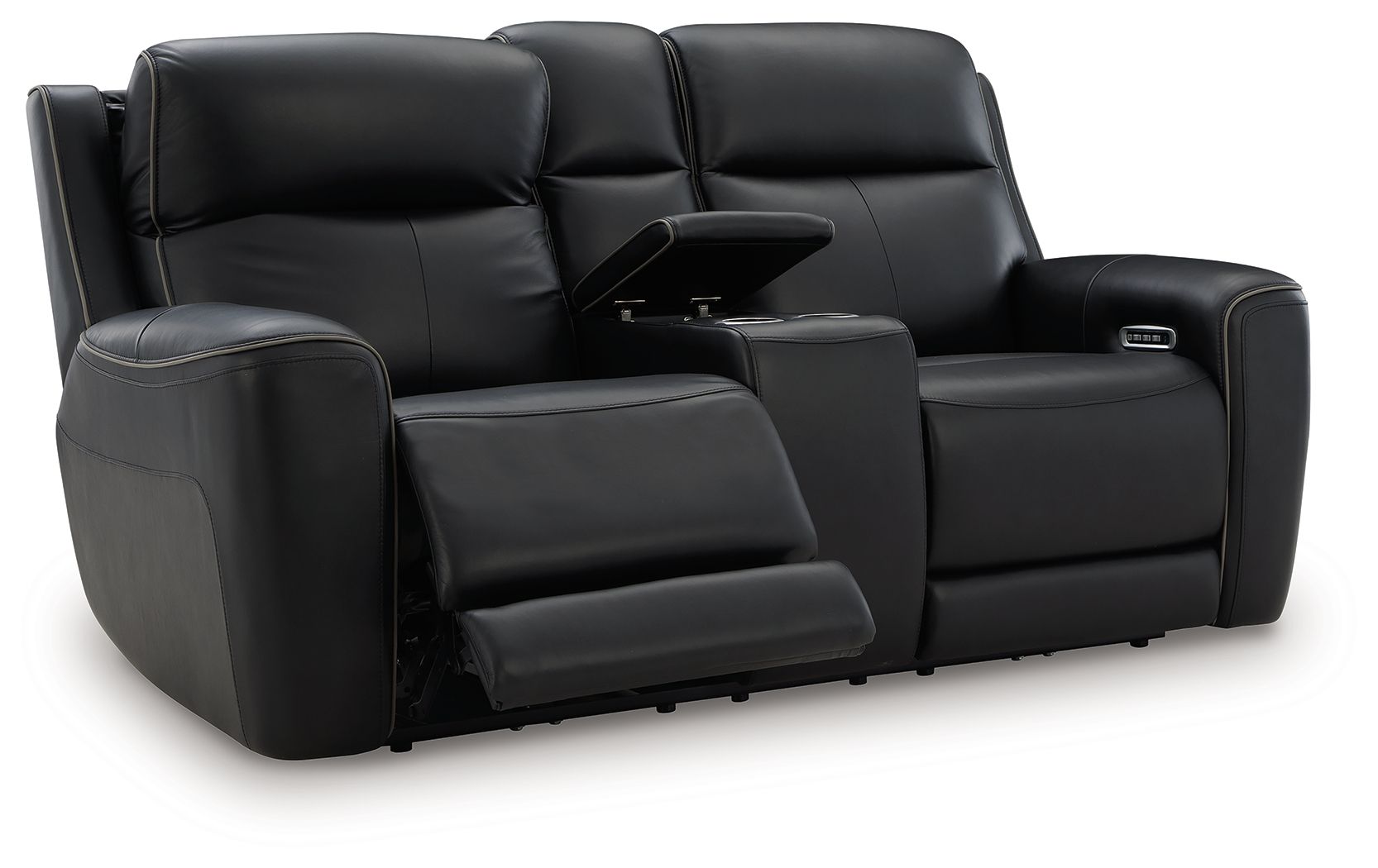 Black power reclining loveseat with console and adjustable headrest, reclined seating