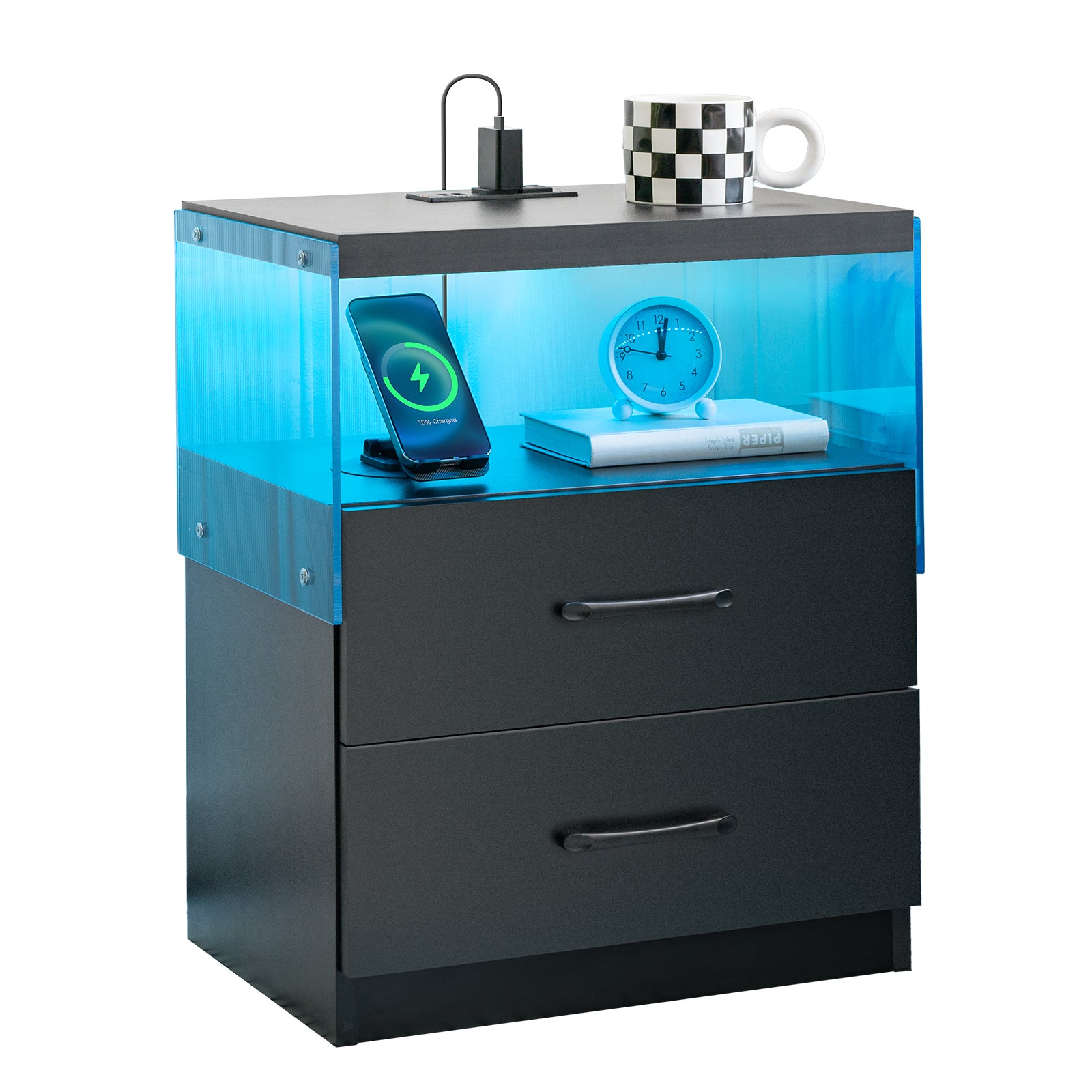 Black Nightstand with LED Lights, 2 Drawers | Bedside Table