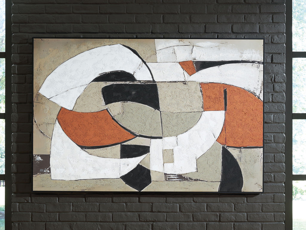 Framed abstract wall art featuring circular and ribbon-like forms in white, black, and rust