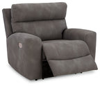 Slate gray power recliner with adjustable headrest, side view