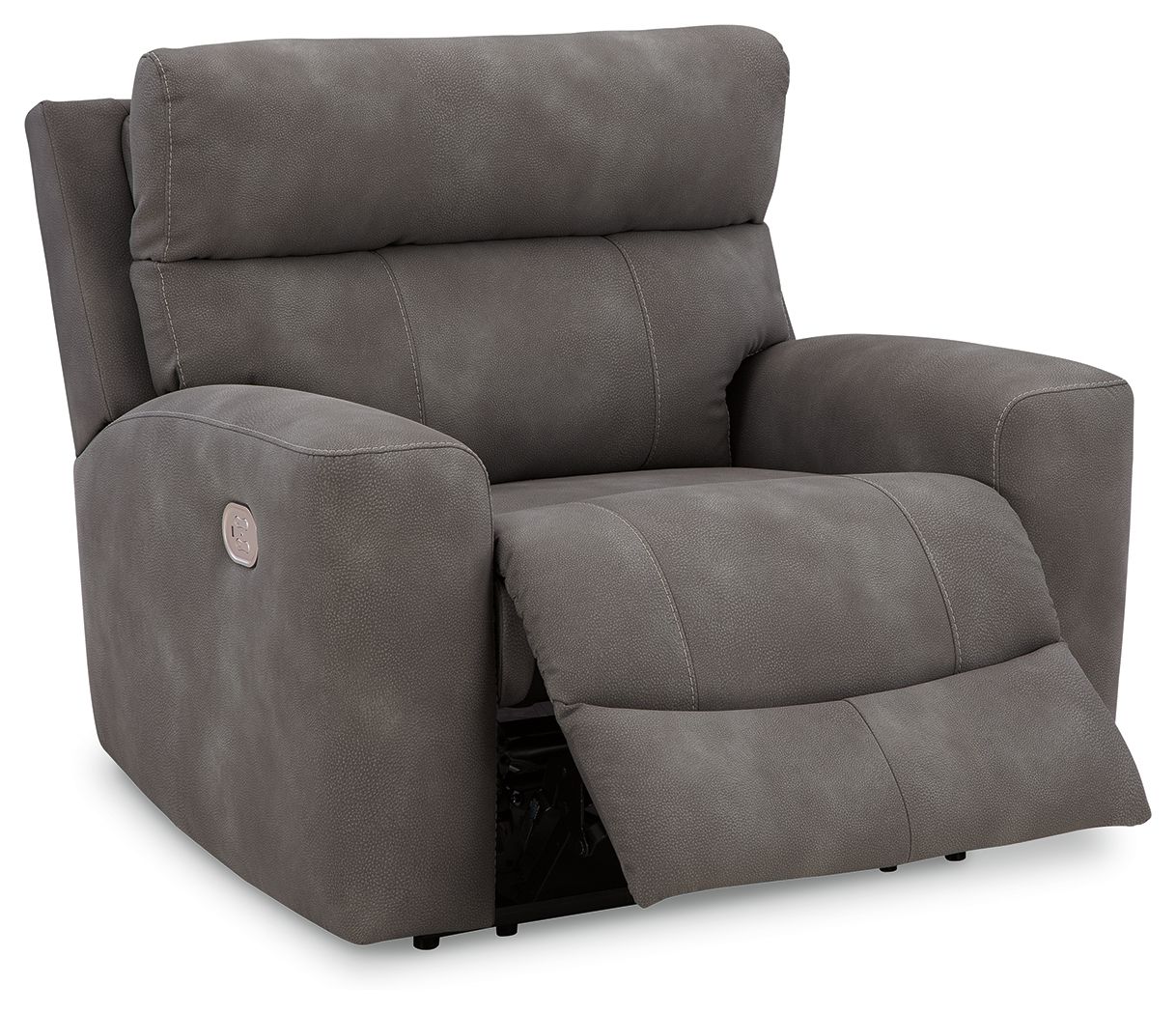 Slate gray power recliner with adjustable headrest, side view
