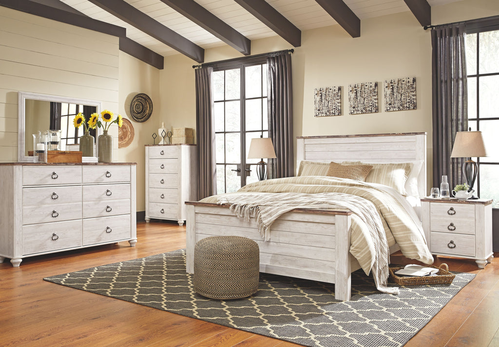 Panel bedroom set: light wood bed with dresser, mirror, and matching storage drawers