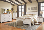 Panel bedroom set: light wood bed with dresser, mirror, and matching storage drawers