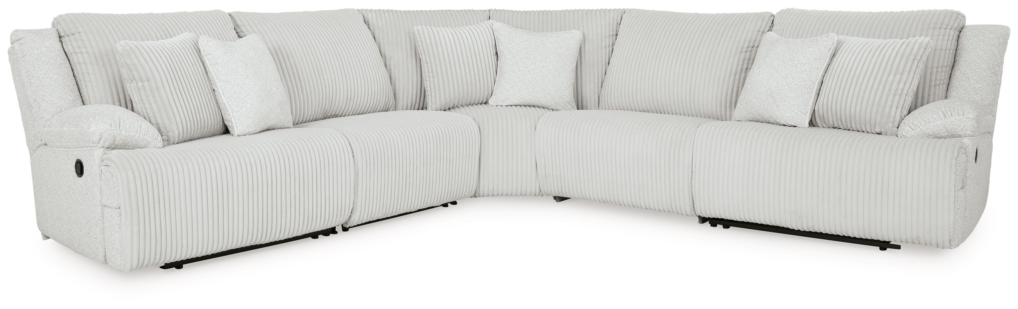 Light gray reclining sectional with rounded arms, ribbed fabric, and multiple back pillows