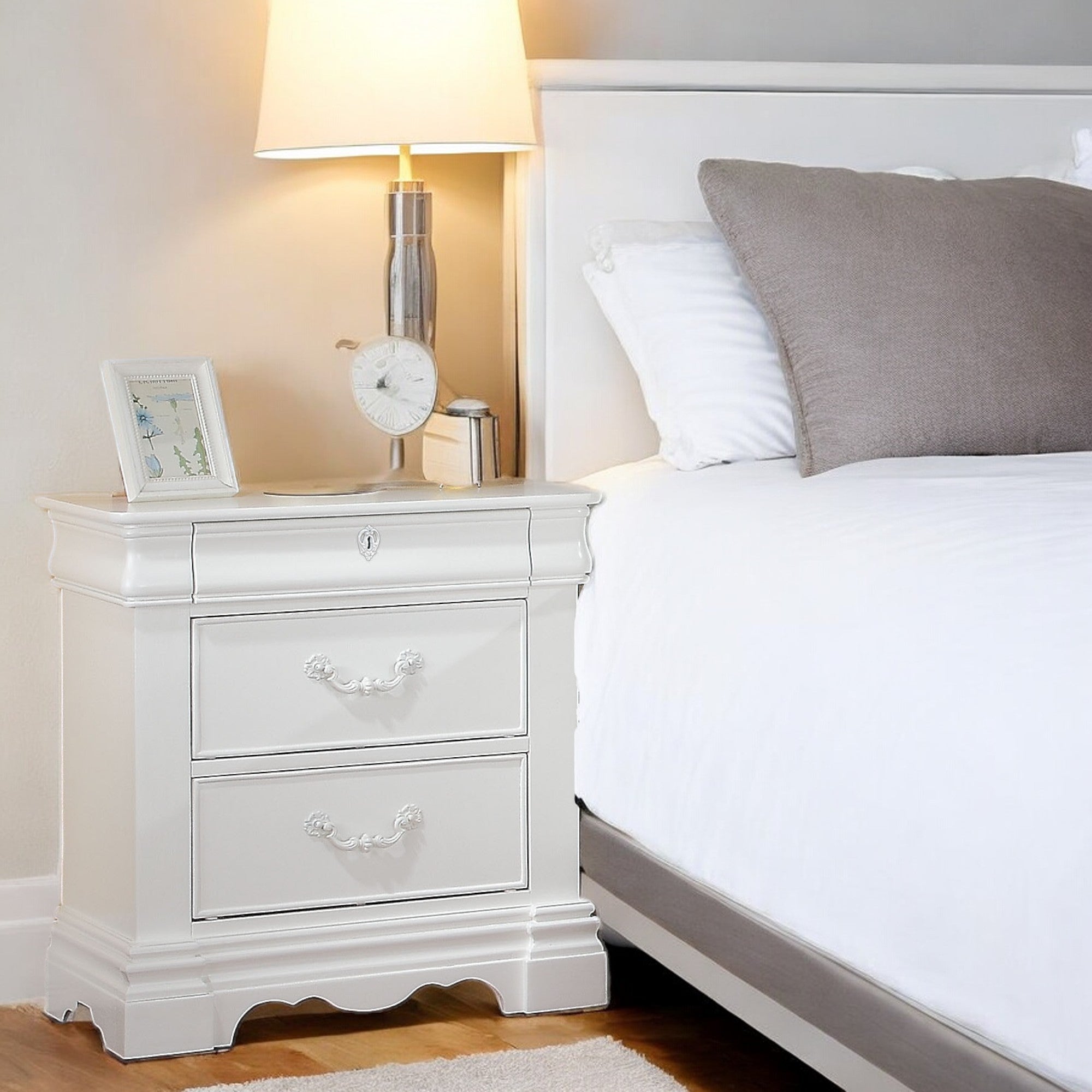 White 3-Drawer Bedside Nightstand: Hidden Top Storage Solution
