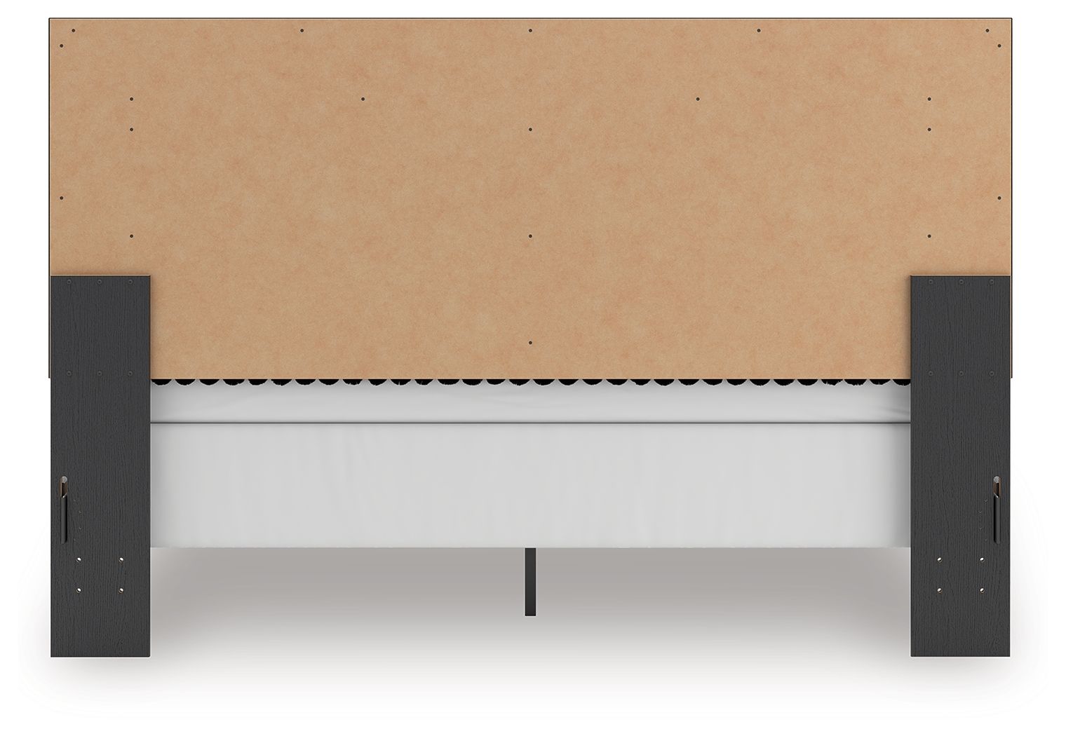 Upholstered panel bed base with tan fabric skirt and dark legs, shown from the front underside