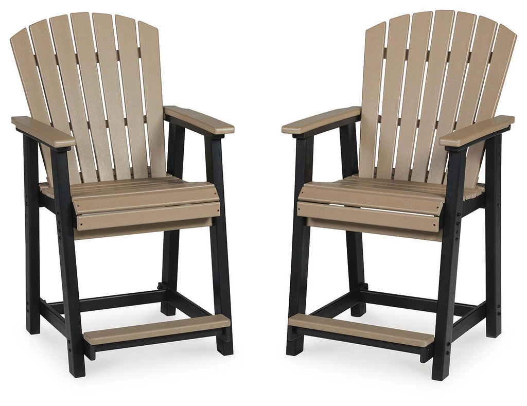 Outdoor barstool set of 2 with slatted backs, dark frame, beige seat and armrests