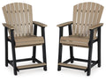 Outdoor barstool set of 2 with slatted backs, dark frame, beige seat and armrests