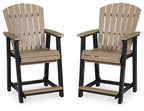 Outdoor barstool set of 2 with slatted backs, dark frame, beige seat and armrests