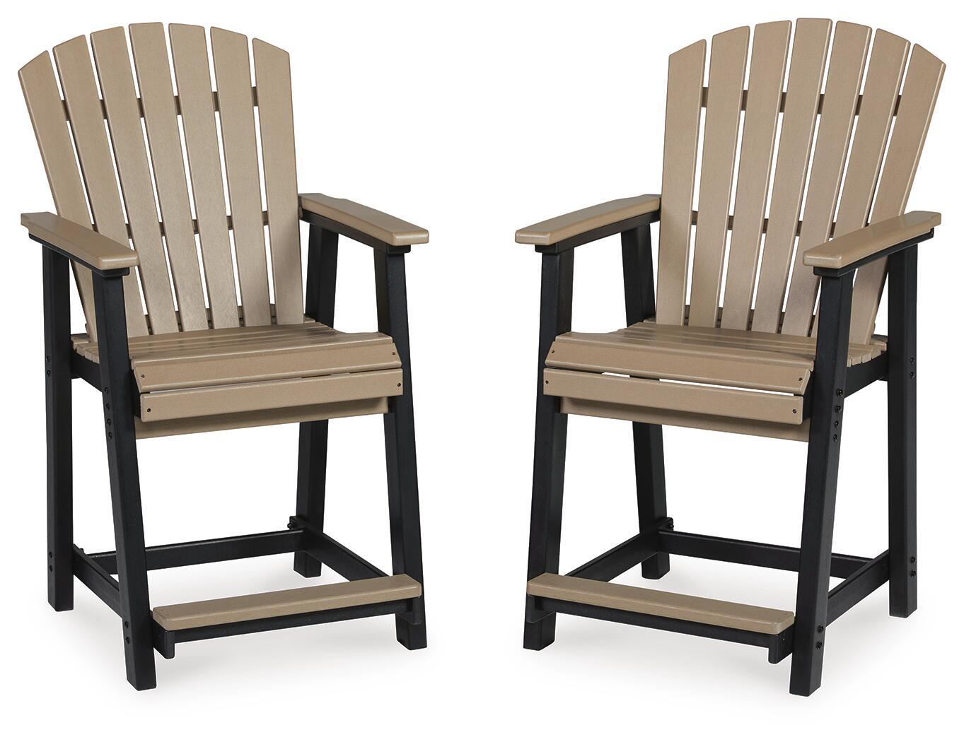 Outdoor barstool set of 2 with slatted backs, dark frame, beige seat and armrests